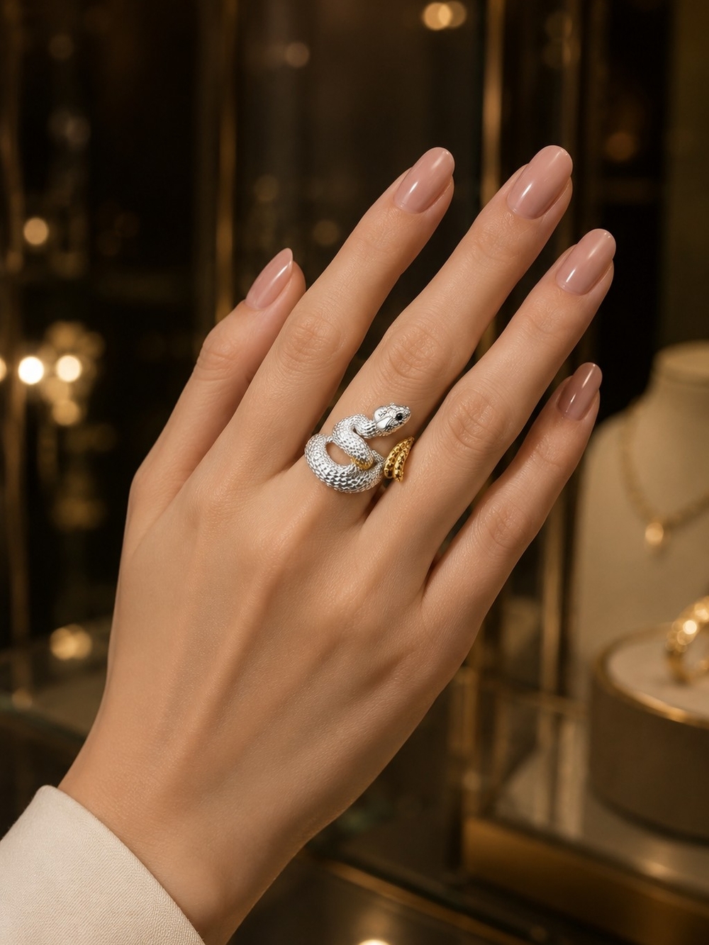 Unisex Silver & Gold Snake Statement Ring - Picture 2 of 7